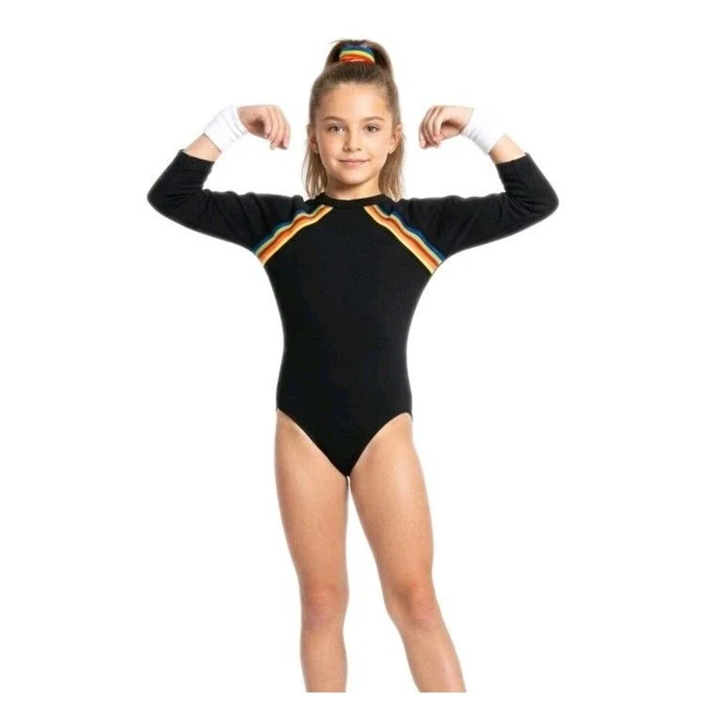 Gilda Marx VTG 80s Cotton Rainbow Stripe LS Leotard Child 12/14 Black NWT